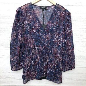 NEW DKNY Purple Print Blouse Wrap Front Sheer Top Elastic Waist 3/4 Sleeve Small